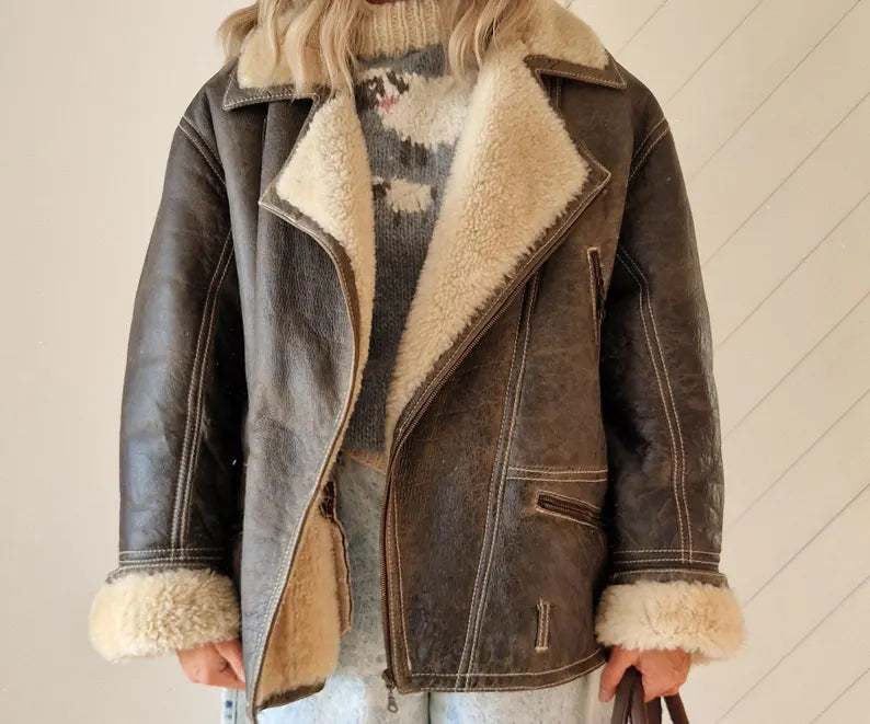 Oversized Distressed Sheepskin Coat | Classic Brown Shearling Aviator Jacket