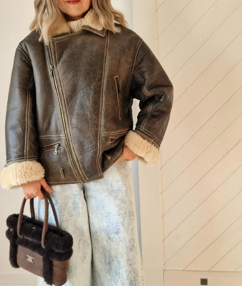 Oversized Distressed Sheepskin Coat | Classic Brown Shearling Aviator Jacket