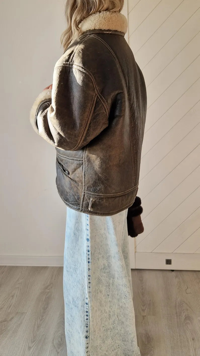 Oversized Distressed Sheepskin Coat | Classic Brown Shearling Aviator Jacket