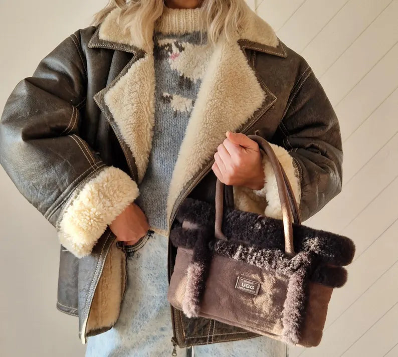 Oversized Distressed Sheepskin Coat | Classic Brown Shearling Aviator Jacket