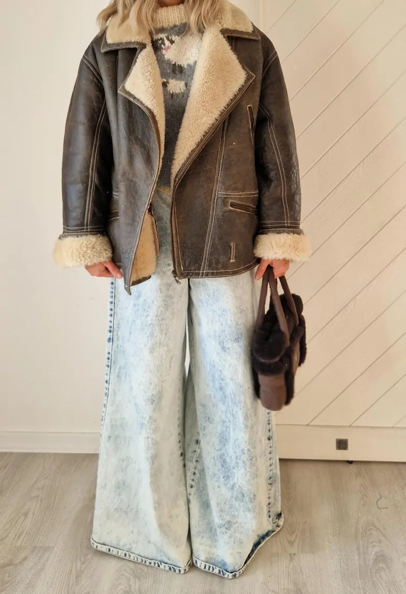 Oversized Distressed Sheepskin Coat | Classic Brown Shearling Aviator Jacket