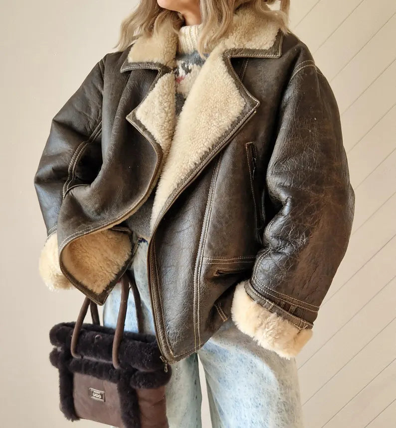 Oversized Distressed Sheepskin Coat | Classic Brown Shearling Aviator Jacket