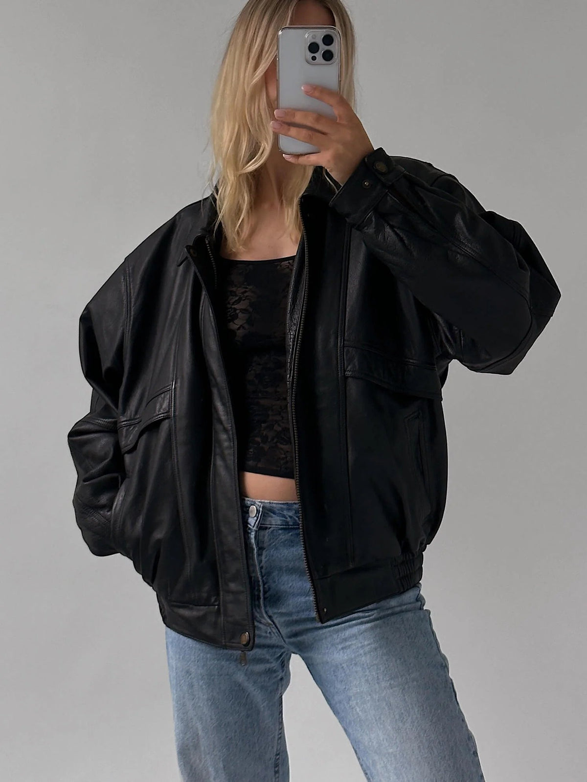 Ladies Classic Black Oversize Leather Bomber jacket