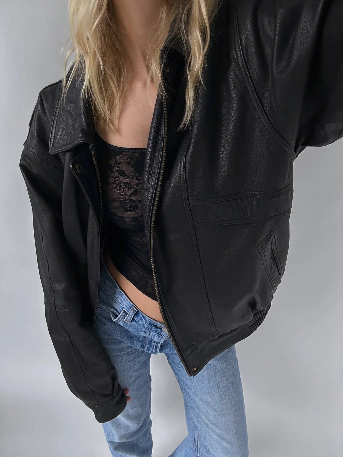 Ladies Classic Black Oversize Leather Bomber jacket