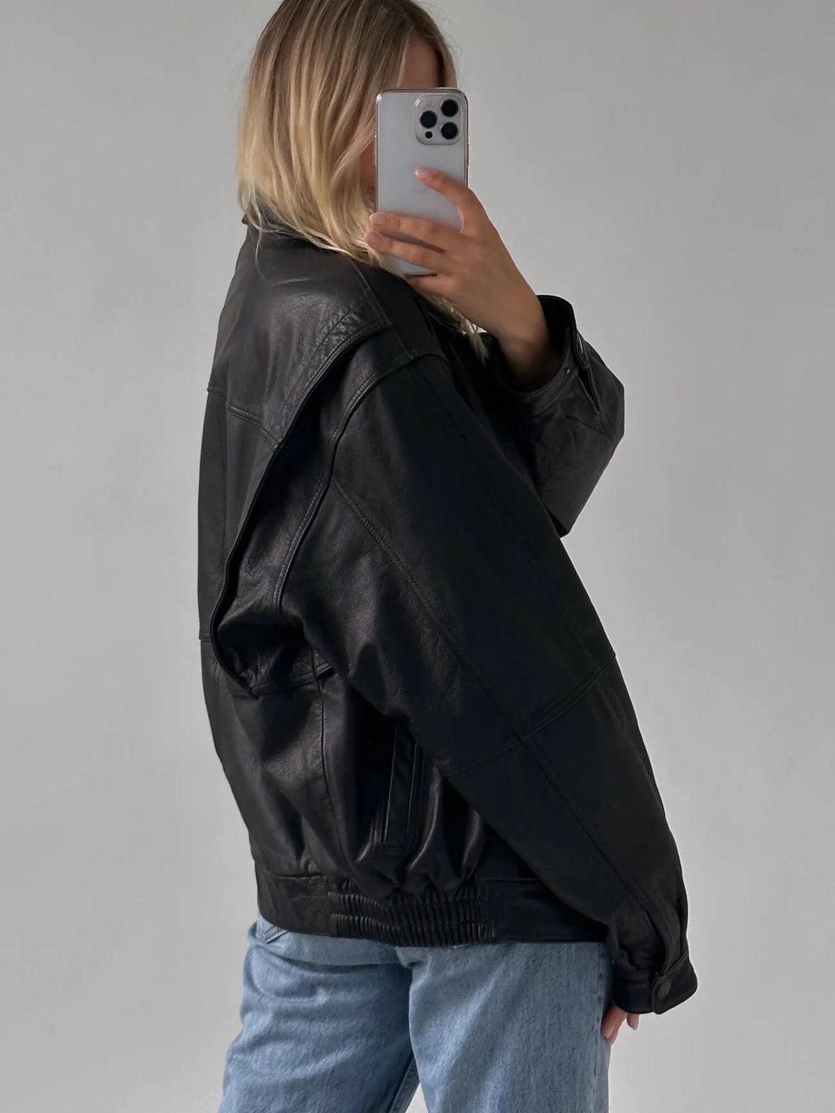 Ladies Classic Black Oversize Leather Bomber jacket