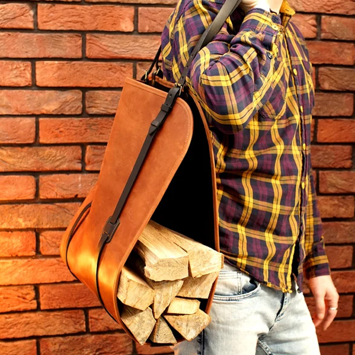 Personalized Leather Firewood log carrier bag | Log Holder | indoor &amp; Outdoor Log Carrier for winters |wood burner décor | waxed log carrier