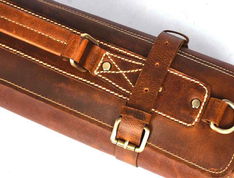 Leather Knife Roll for Chef Stress Brown, 10 Slot | Customized Monogram Handmade Knife Storage Roll, Gift for him, Christmas gift