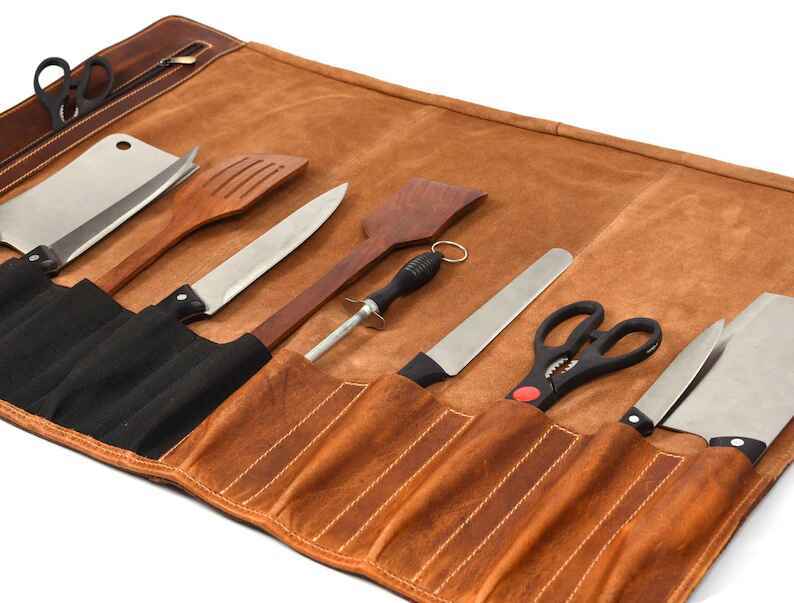 Leather Knife Roll for Chef Stress Brown, 10 Slot | Customized Monogram Handmade Knife Storage Roll, Gift for him, Christmas gift