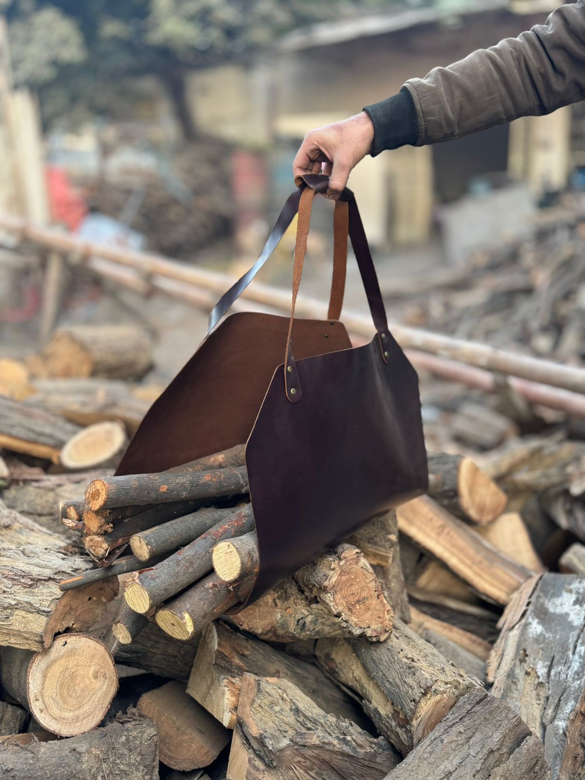 Personalized Leather Firewood log carrier bag | Log Holder | indoor &amp; Outdoor Log Carrier for winters |wood burner décor | waxed log carrier