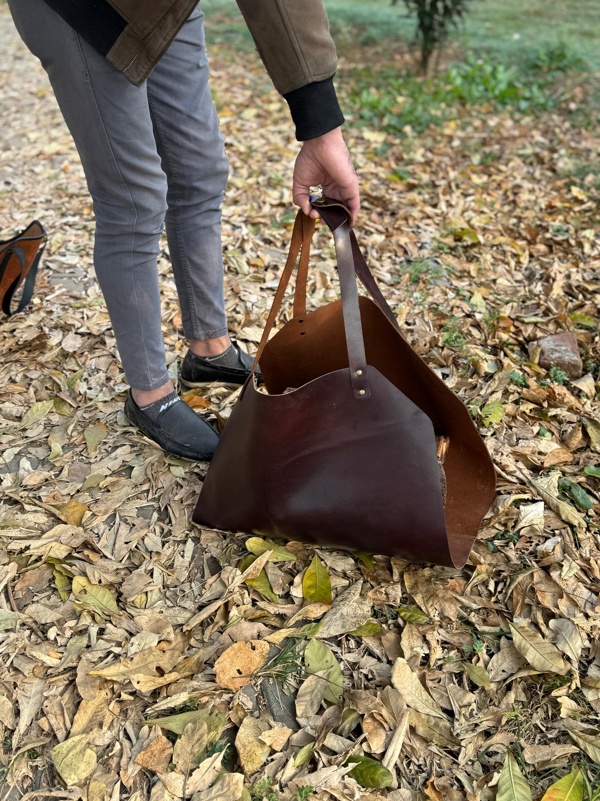 Personalized Leather Firewood log carrier bag | Log Holder | indoor &amp; Outdoor Log Carrier for winters |wood burner décor | waxed log carrier