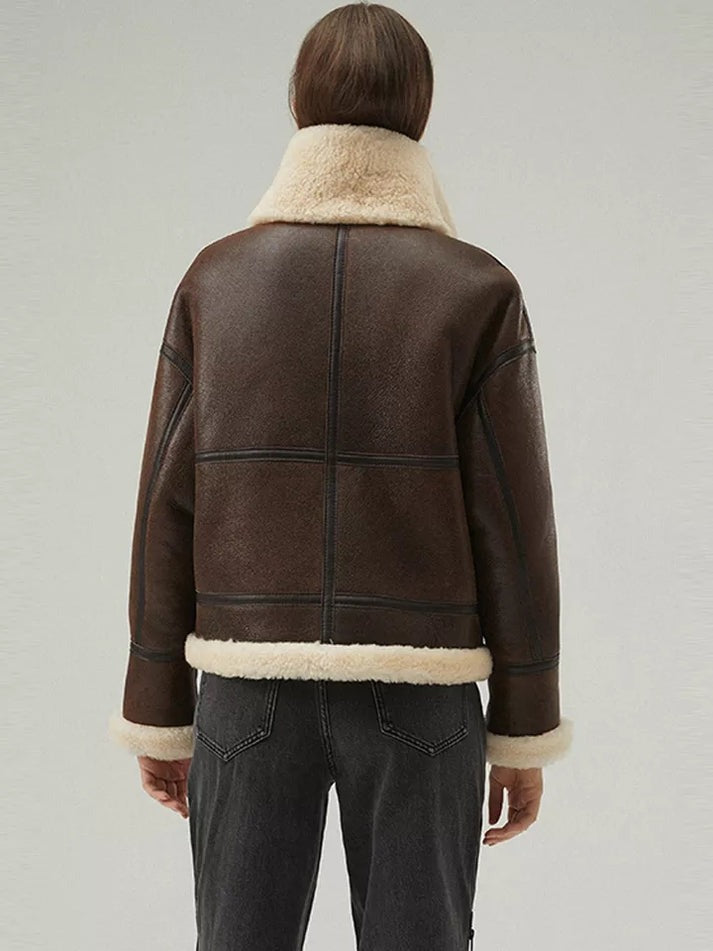 Brown Shearling Hooded Leather Jacket with Fur | Warm Winter Coat | Cozy Shearling Lining | Luxury Outerwear