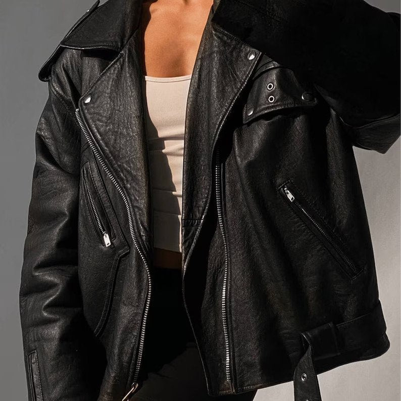 Women Black Oversize Leather Biker Bomber jacket