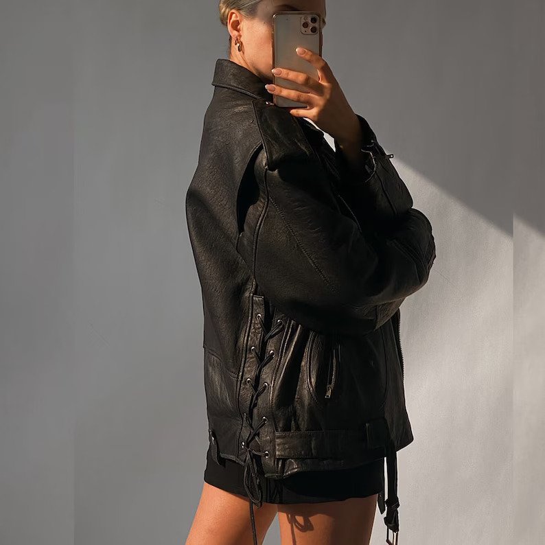 Women Black Oversize Leather Biker Bomber jacket