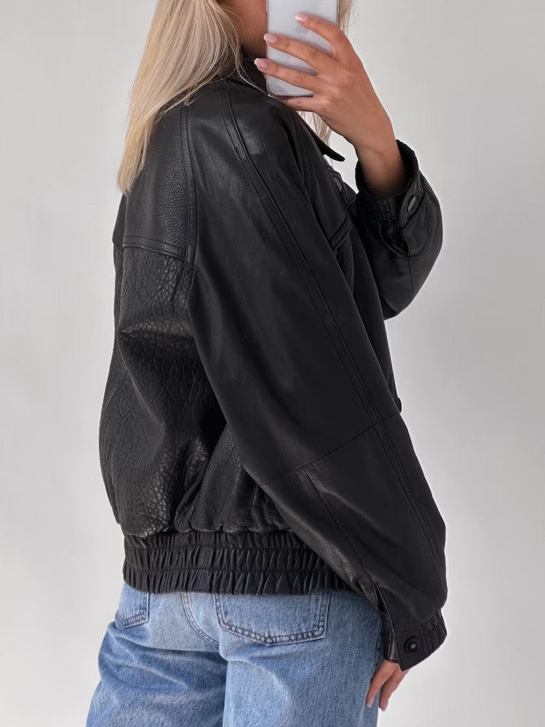 Women Black Oversize Leather Biker Bomber jacket