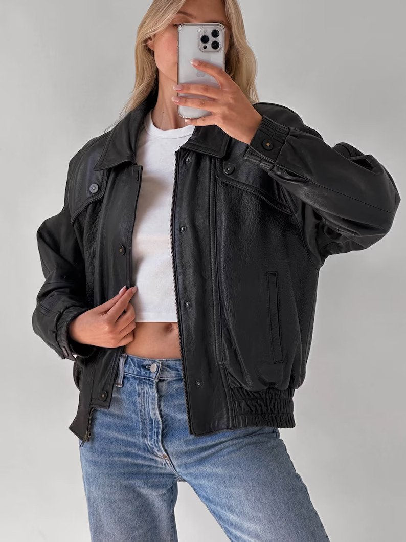 Women Black Oversize Leather Biker Bomber jacket