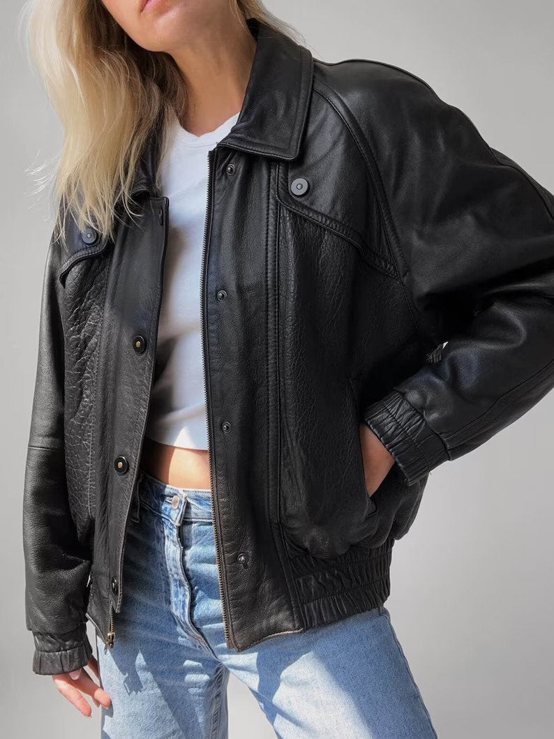 Women Black Oversize Leather Biker Bomber jacket