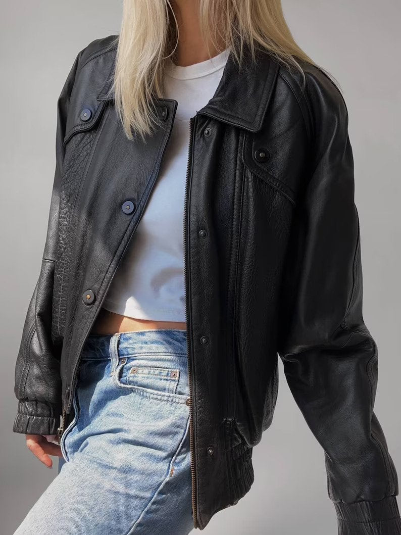 Women Black Oversize Leather Biker Bomber jacket