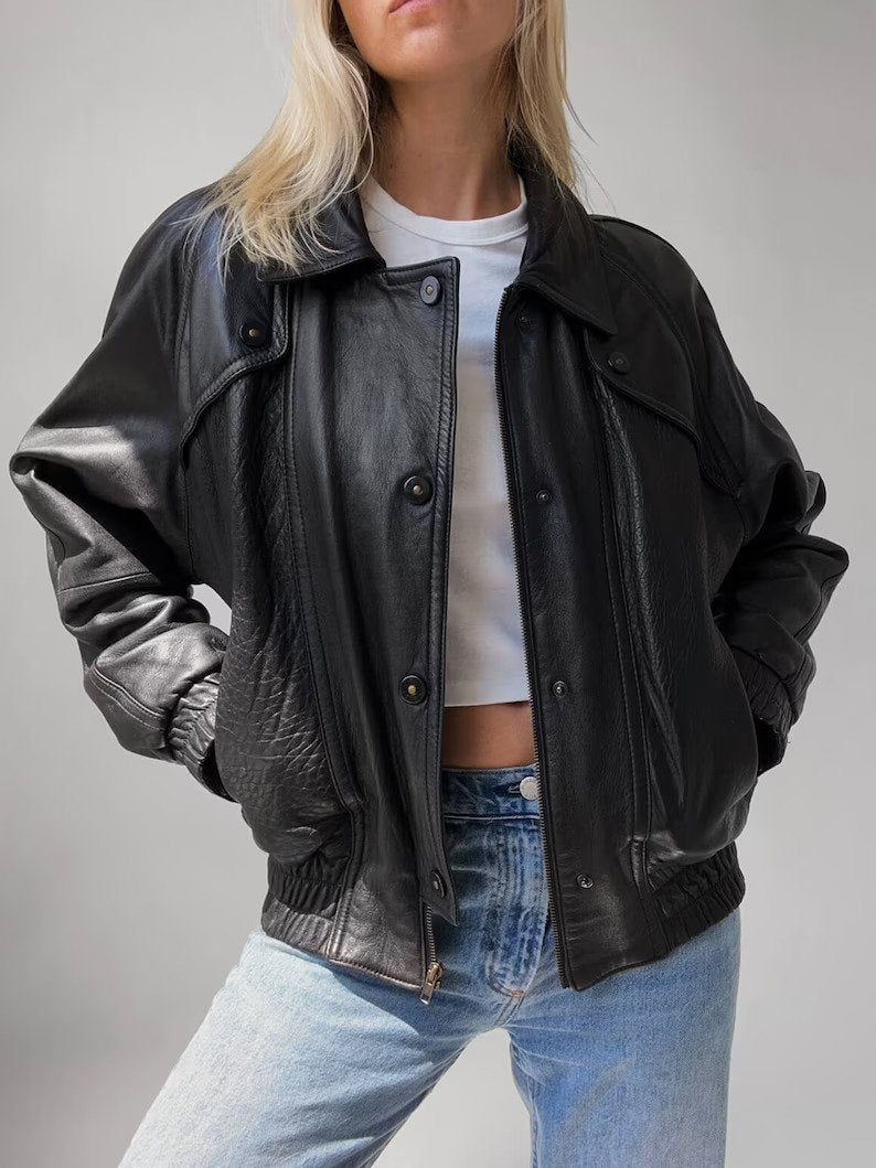 Women Black Oversize Leather Biker Bomber jacket