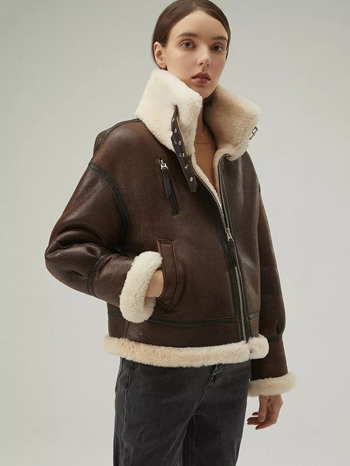 Brown Shearling Hooded Leather Jacket with Fur | Warm Winter Coat | Cozy Shearling Lining | Luxury Outerwear