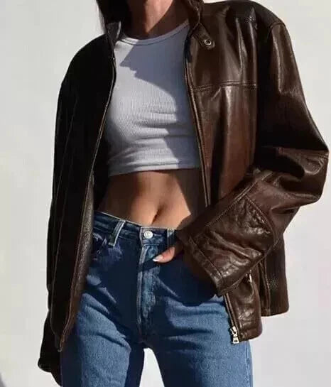 Women’s Classic Vintage Style Brown Leather Bomber Jacket