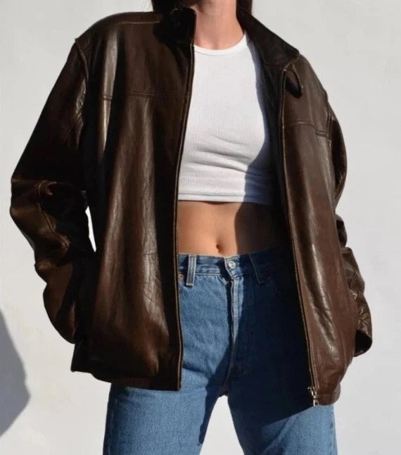 Women’s Classic Vintage Style Brown Leather Bomber Jacket