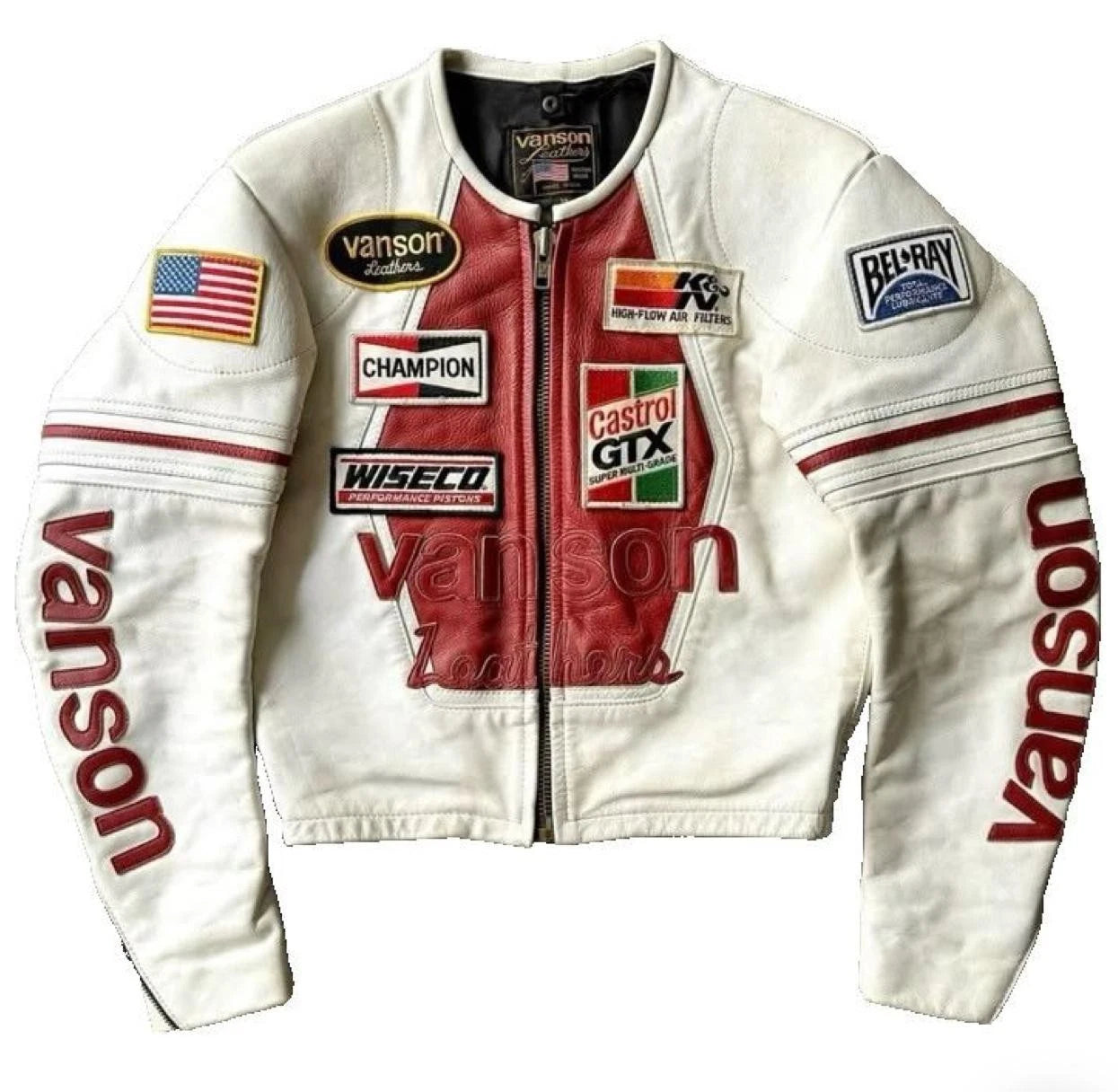 Leathers White Red Racing Jacket Castrol Champion Patch Biker Moto Jack
