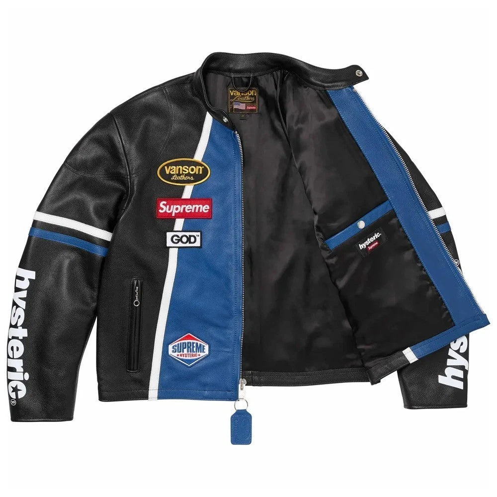 Men's Black & Blue Vanson Superme Leather Jacket Motobike Fashion Hysteric Glamour