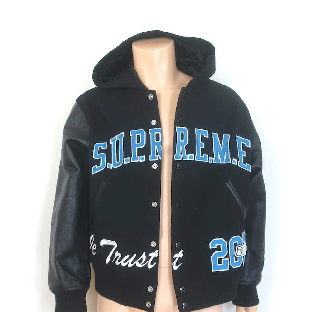 Supreme King Leather-Sleeve Hooded Varsity Jacket Black