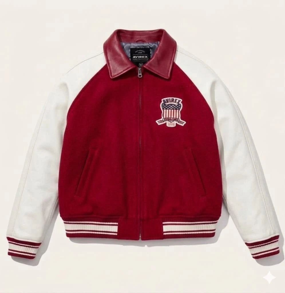 Men's Real Red Bomber Varsity Jacket Wool Body & Leather Sleeves