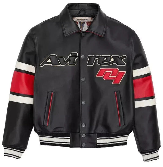 Mens04 Edition Flight American Black Red Logo Patch Leather Biker Jacket