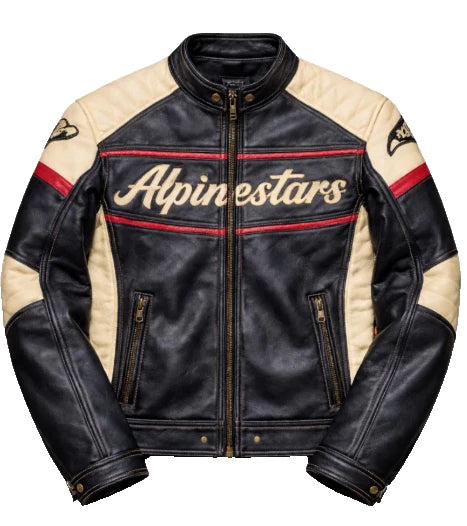 Handmade Real Cowhide Leather Jacket – Black Cream Biker Motorcycle - Vintage