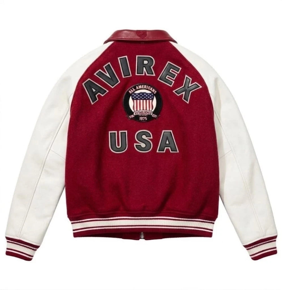 Men's Real Red Bomber Varsity Jacket Wool Body & Leather Sleeves