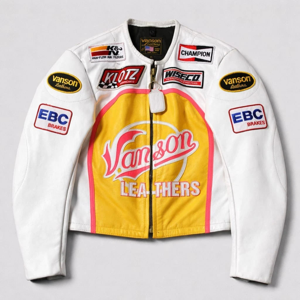 Leathers Racing Jacket White Yellow Leather Motorcycle Biker Patch Coat