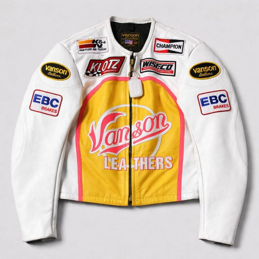 Leathers Racing Jacket White Yellow Leather Motorcycle Biker Patch Coat