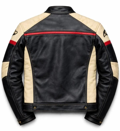 Handmade Real Cowhide Leather Jacket – Black Cream Biker Motorcycle - Vintage