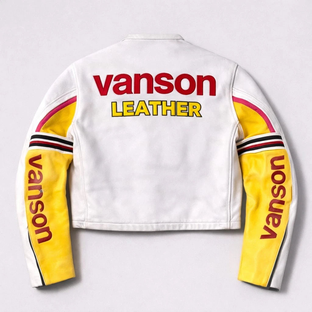 Leathers Racing Jacket White Yellow Leather Motorcycle Biker Patch Coat