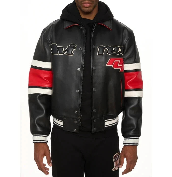 Mens04 Edition Flight American Black Red Logo Patch Leather Biker Jacket