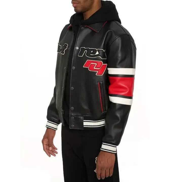 Mens04 Edition Flight American Black Red Logo Patch Leather Biker Jacket