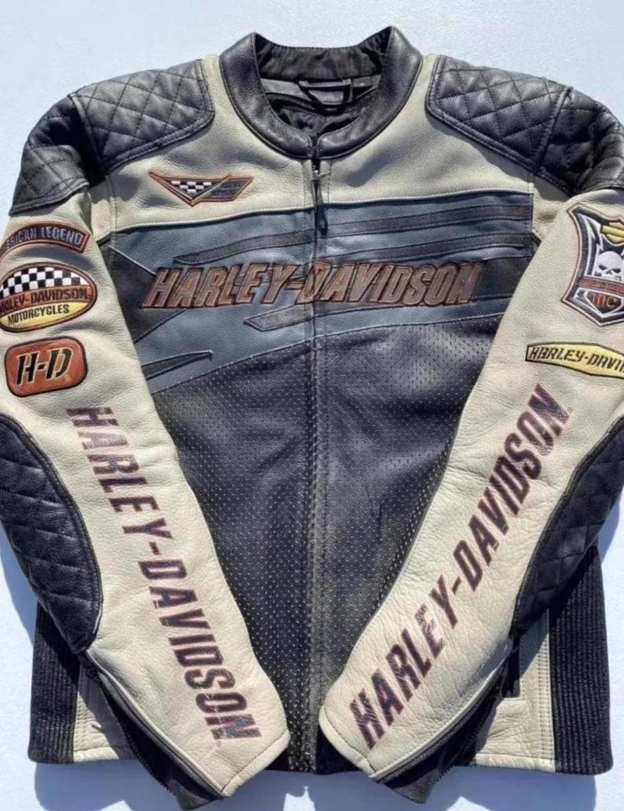 Men Black Quilted Cowhide Leather Davidson Motorcycle Jacket Slim Fit