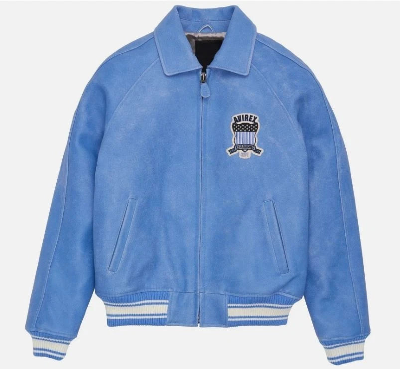 Men Sky Blue Real Bomber American Flight Jacket Faux Leather Jacket GIft
