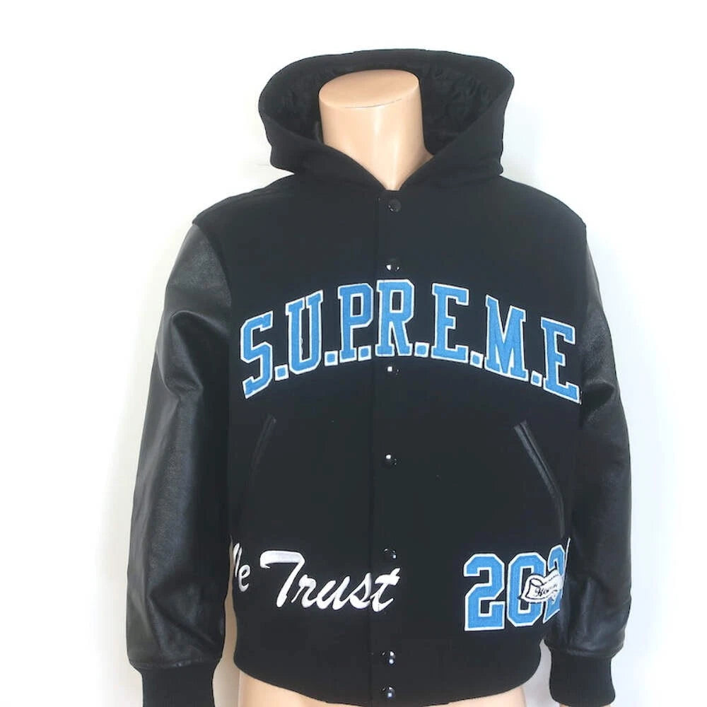 Supreme King Leather-Sleeve Hooded Varsity Jacket Black