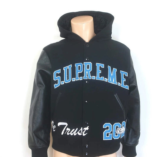 Supreme King Leather-Sleeve Hooded Varsity Jacket Black