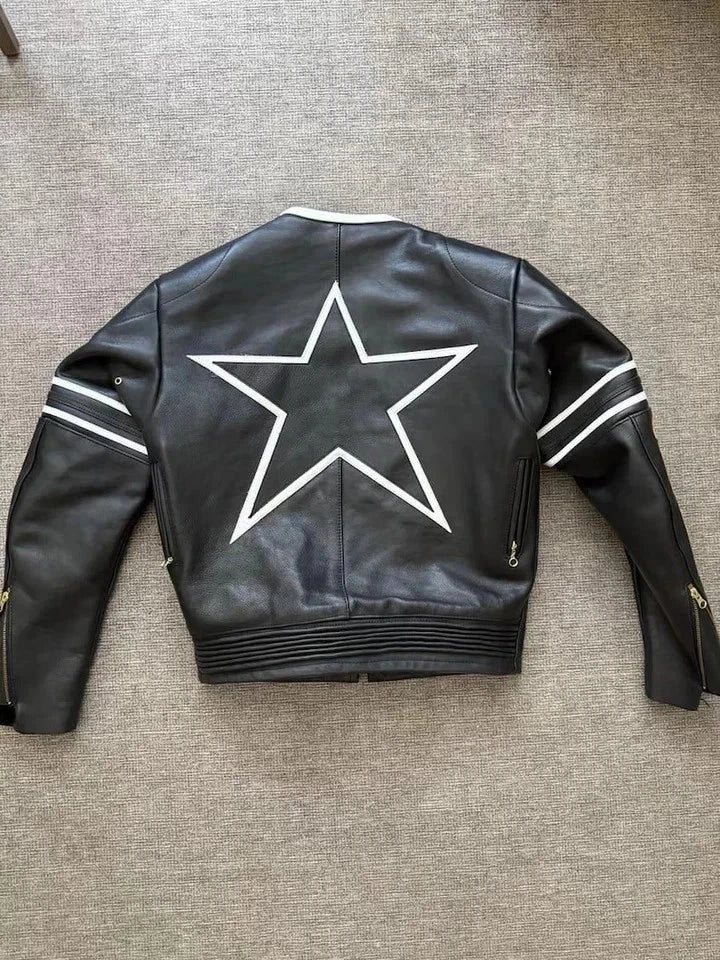 Men Style Leather Racing Jacket Black Motorcycle Biker Cafe Racer