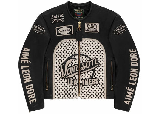 Men Aime Leon Dore Style Leather Jacket Black Racing Biker Coat