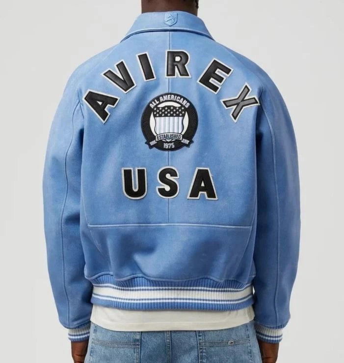 Men Sky Blue Real Bomber American Flight Jacket Faux Leather Jacket GIft
