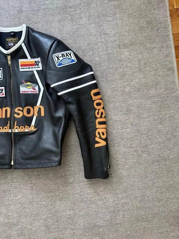 Men Style Leather Racing Jacket Black Motorcycle Biker Cafe Racer