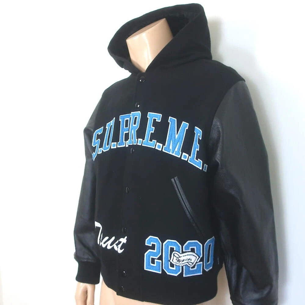 Supreme King Leather-Sleeve Hooded Varsity Jacket Black
