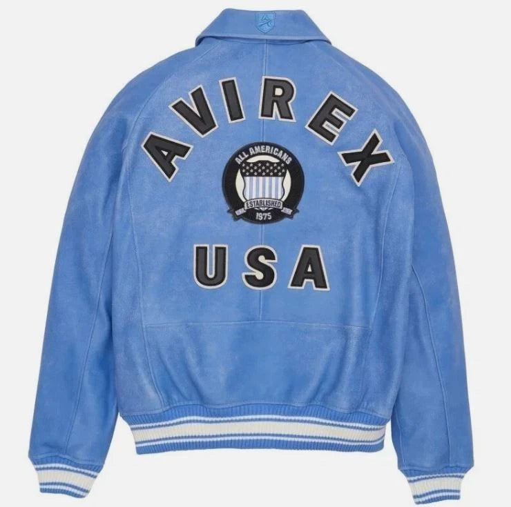 Men Sky Blue Real Bomber American Flight Jacket Faux Leather Jacket GIft