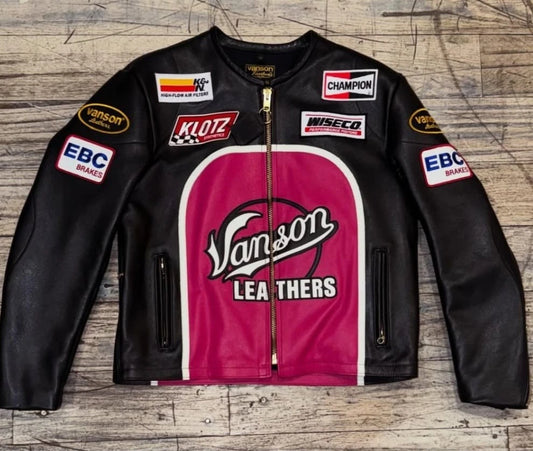 Genesis NYC Motorbike Fashion Leather Jacket Cafe Racer Black&Pink USA