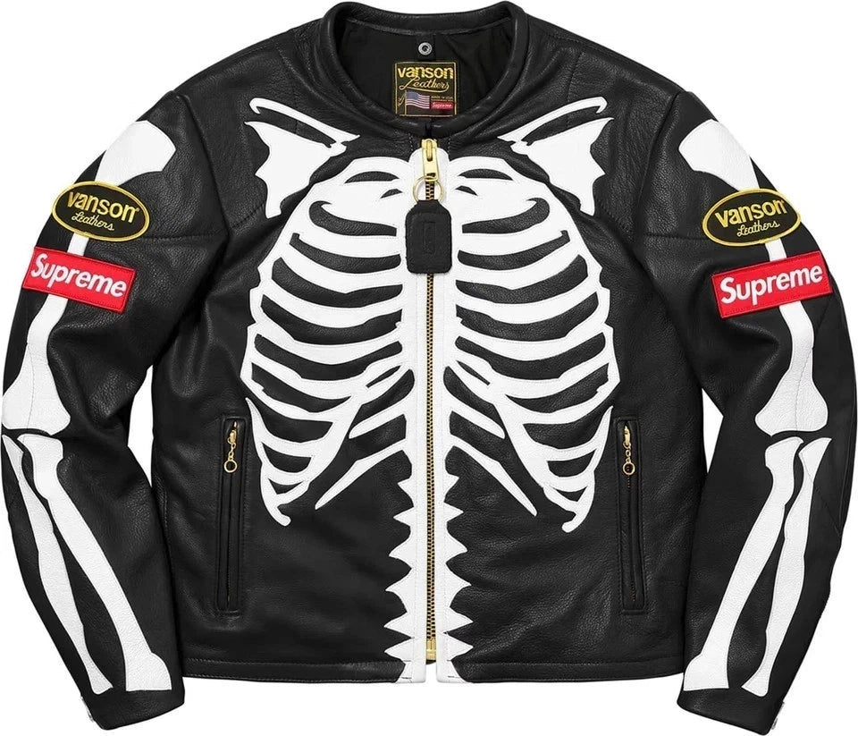 Skeleton Leather Jacket Black Genuine Cowhide Leather Motorcycle jacket